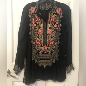Johny Was floral embroidered shirt. Black, size small